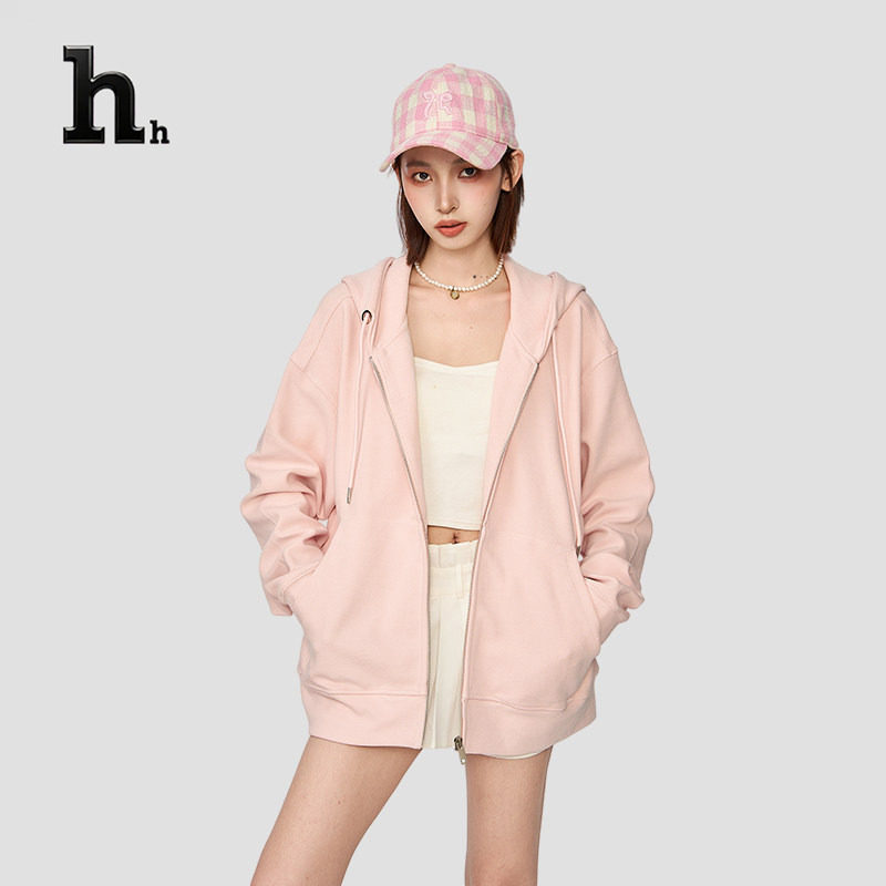 官方正品HH美式粉色拉链连帽卫衣女秋冬早秋宽松外搭开衫外套上衣