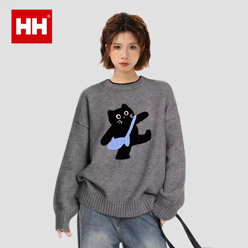 正品HH猫咪套头针织毛衣女深秋冬季外穿加厚宽松内搭打底上衣
