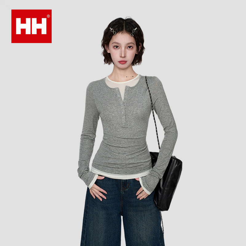 正品HH灰色假两件正肩长袖t恤女春秋修身紧身短款内搭打底衫
