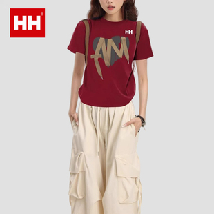 官方正品HH正肩短袖t恤女夏季酒红色短款美式修身辣妹风单穿上衣