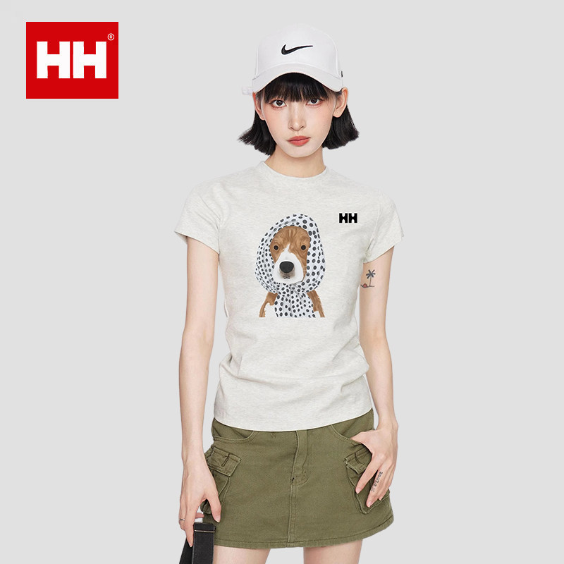 正品HH美式灰色小狗正肩短袖t恤女夏季修身紧身纯棉短款上衣