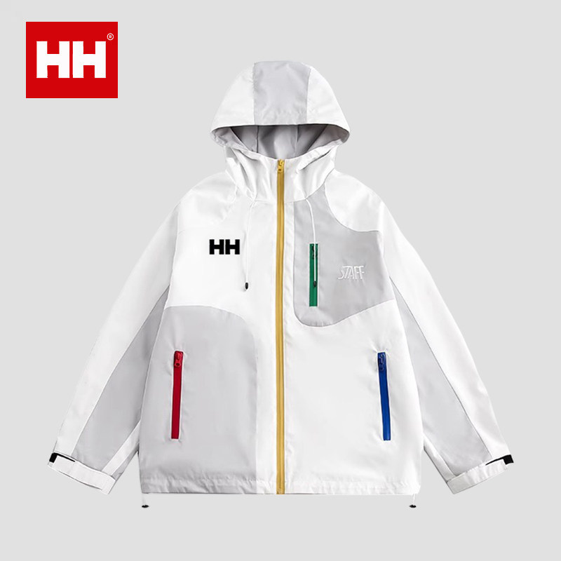 正品HH美式户外白色拼接冲锋衣女春秋宽松防风防水登山服外套