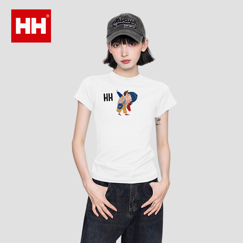 正品HH蓝色女款印花正肩短袖t恤女夏季紧身修身显瘦短款上衣