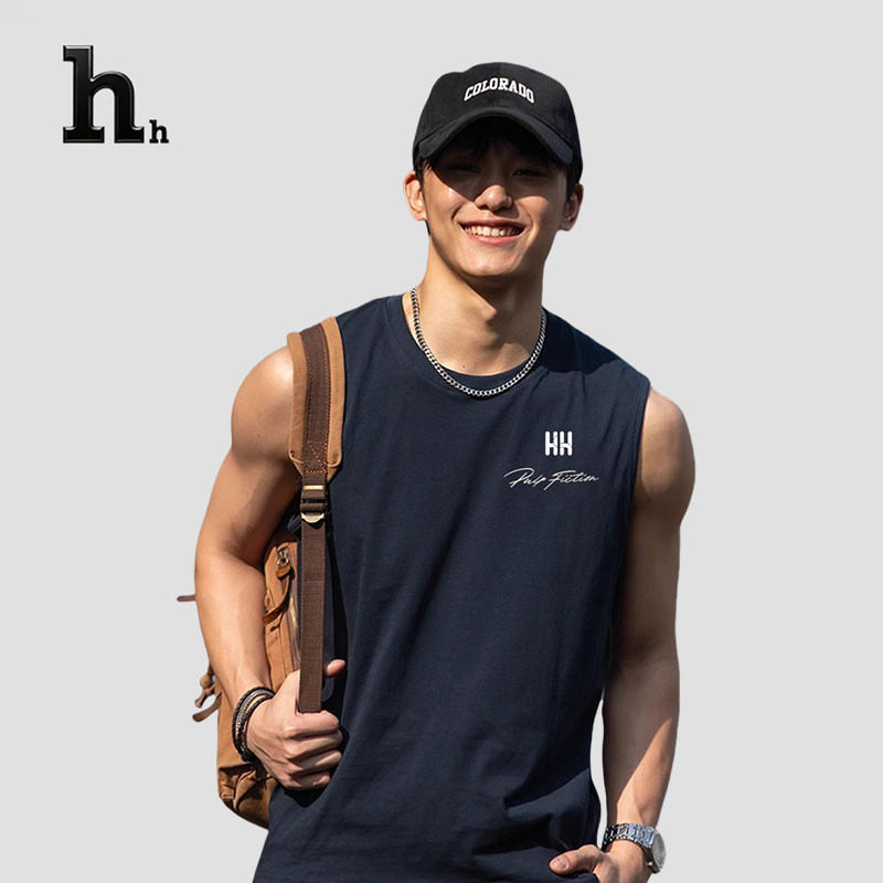 正品HH无袖宽肩背心T恤男夏季透气运动健身复古体恤汗衫