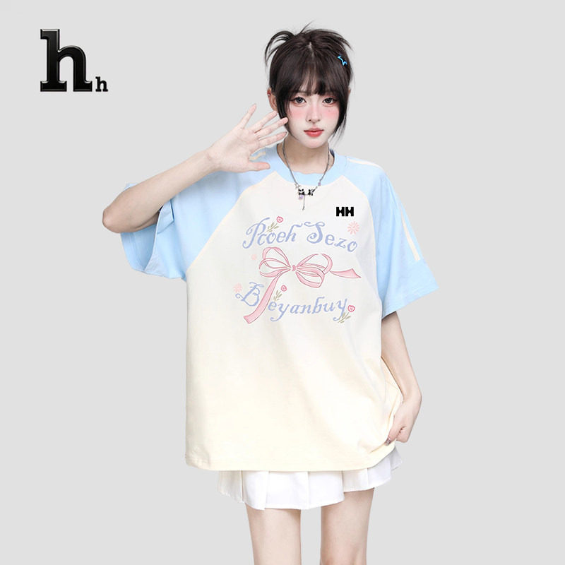 正品HH奶蓝色蝴蝶结短袖t恤女夏宽松美式插肩袖圆领半袖上衣