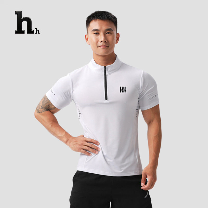 正品HH健身服男短袖半拉链体育训练速干衣骑行服紧身长袖t恤