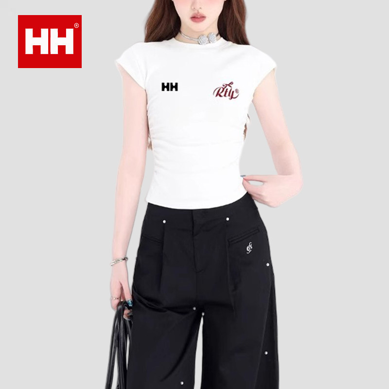 正品HH白色小飞袖短袖t恤女夏正肩蝴蝶结甜辣风修身收腰上衣