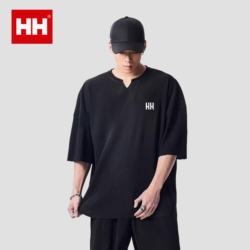 正品HH肌理感V领冰丝短袖男款夏季穿搭凉感t恤美式透气七分袖