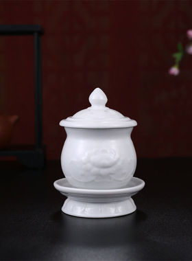 陶瓷浮雕白色圣水杯供水杯供佛杯家用佛前供奉莲花供杯敬佛杯
