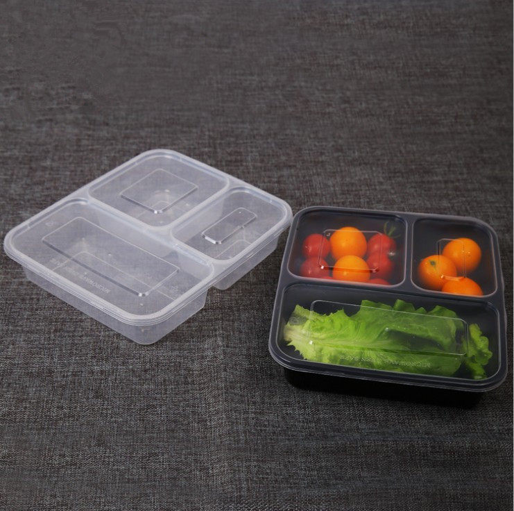 一次性加厚黑色长方形三格快餐盒