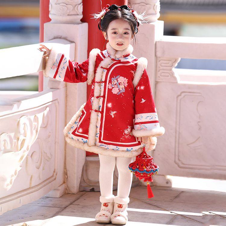 儿童加厚旗袍裙冬装女孩A字连衣裙女童新年红色唐装拜年服小学生