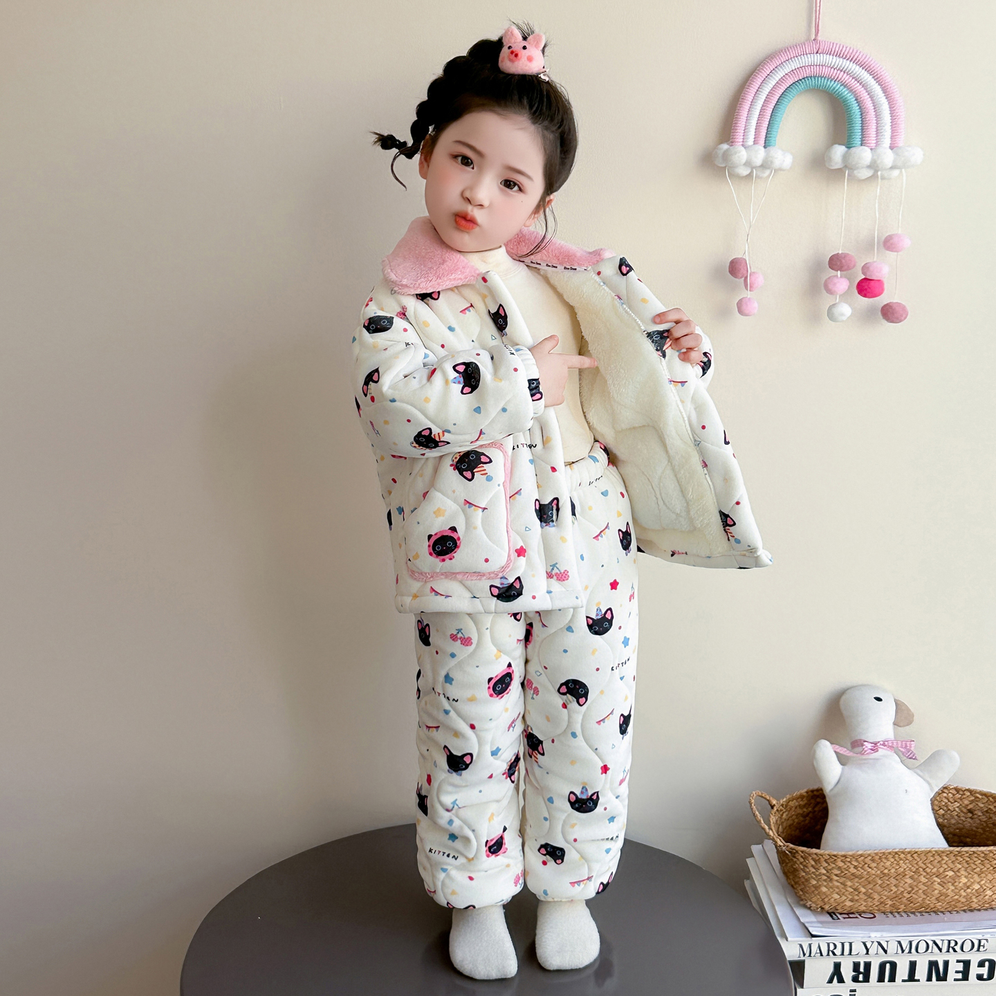 冬季女宝宝加绒加棉家居服套装冬