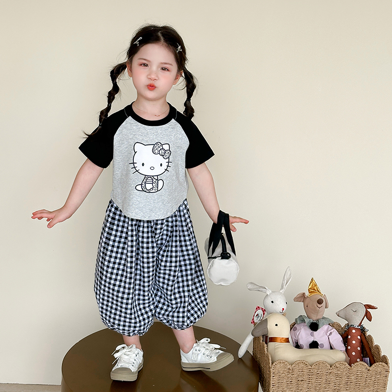 儿童休闲猫咪短袖套装小女孩洋气夏装可爱女童流行好看衣服薄款潮