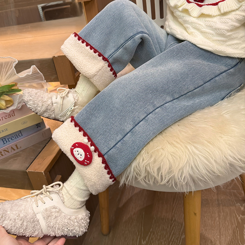 卷边牛仔裤女童羊羔绒时髦长裤