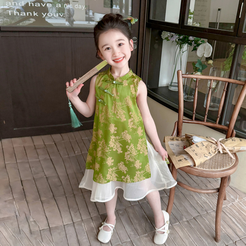 儿童新中式盘扣碎花旗袍裙2025新款女童古风连衣裙宝宝背心裙夏装