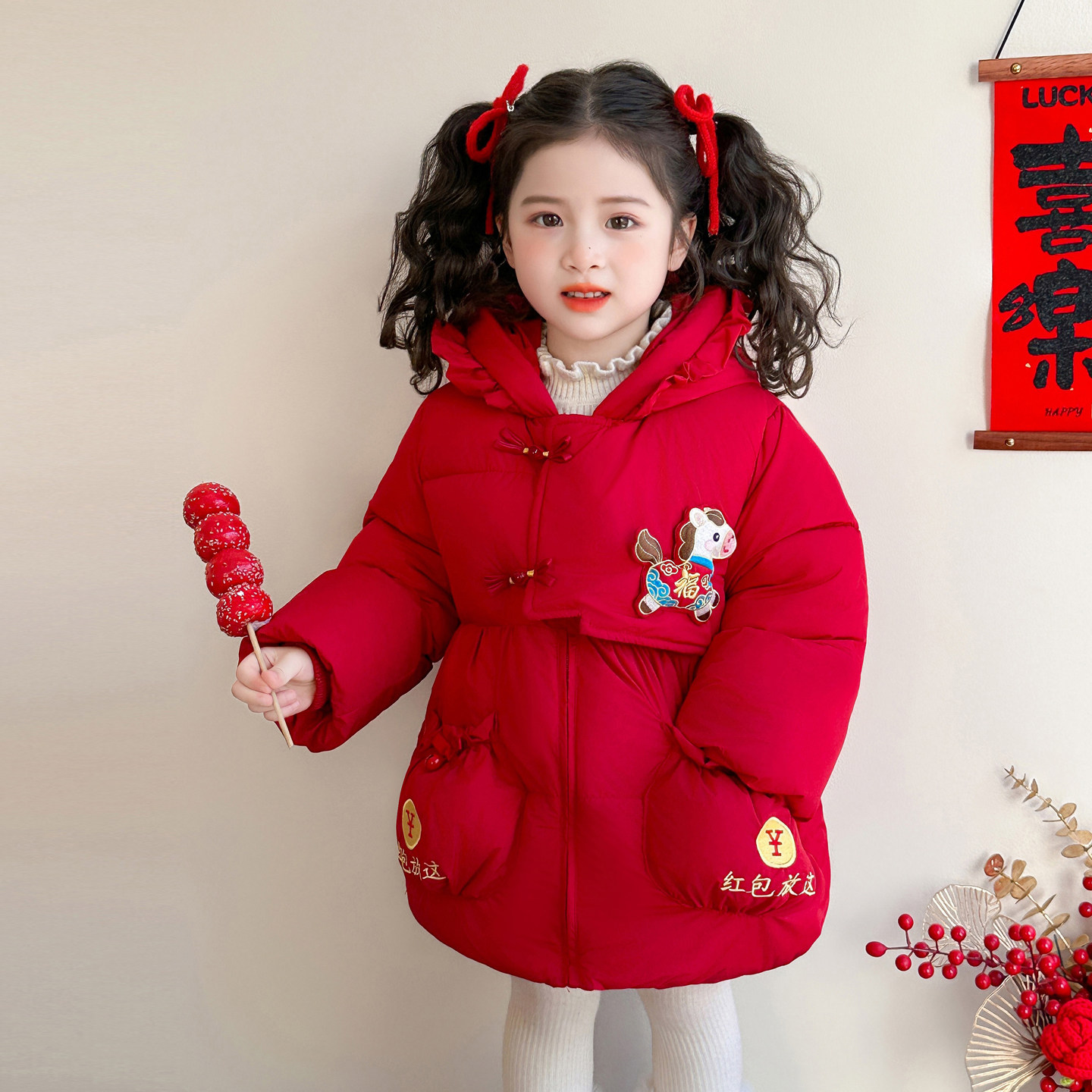 女童红色棉衣外套马年女宝宝中长款羽绒棉棉服儿童外套连帽拜年服