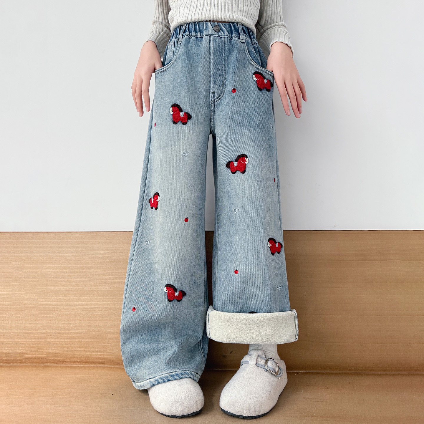 毛巾绣~女童新年马年牛仔裤一体绒小女孩刺绣阔腿裤冬装大童长裤,童装/婴儿装/亲子装,裤子,淘宝优惠券,粉丝福利购,淘宝优惠卷