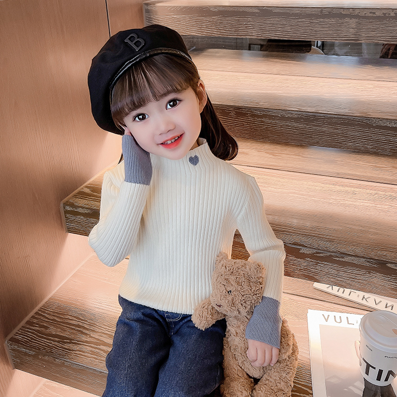 简约秋冬半高领女宝宝撞色毛衣