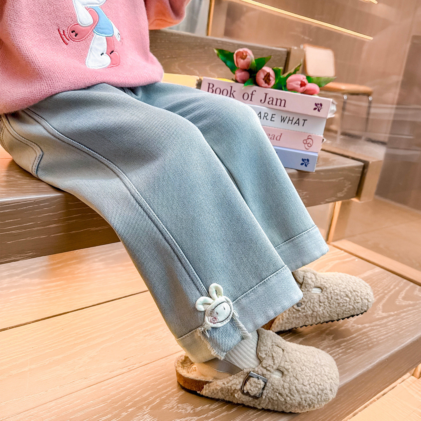 小女孩加绒加厚裤子牛仔保暖外穿