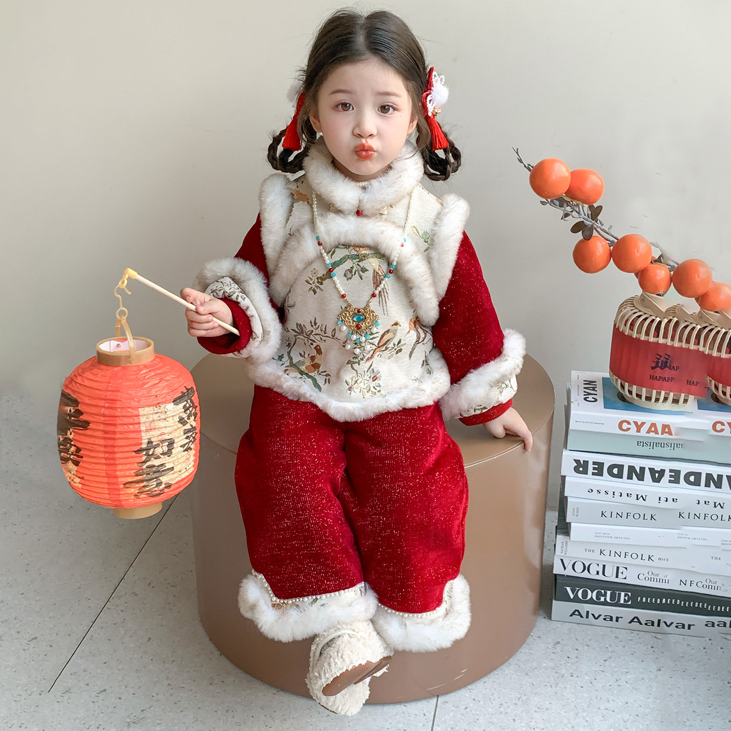 含项链~女童唐装套装加厚儿童演出服国风女宝新年加棉新中式冬装