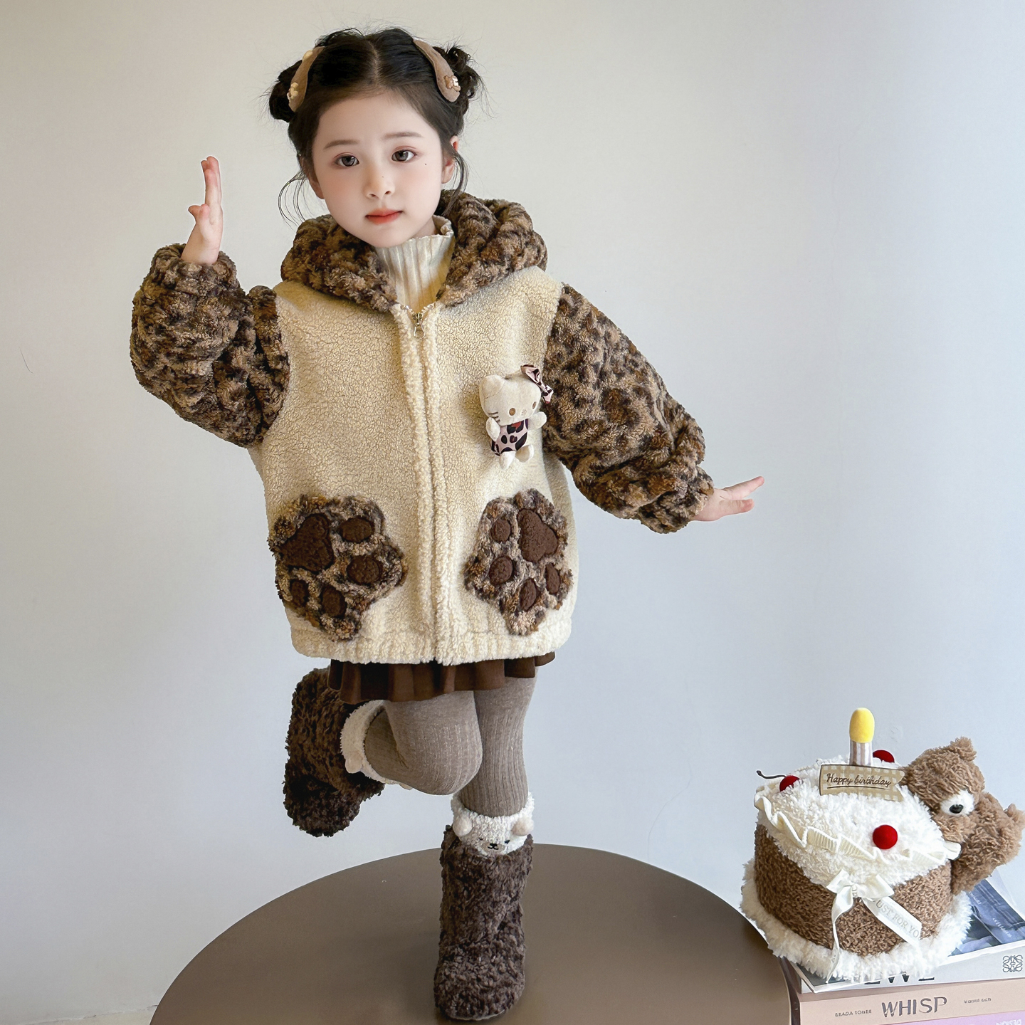 女童豹纹加绒外套连帽冬装小女孩毛毛衣加厚女宝宝时髦拉链衫秋款