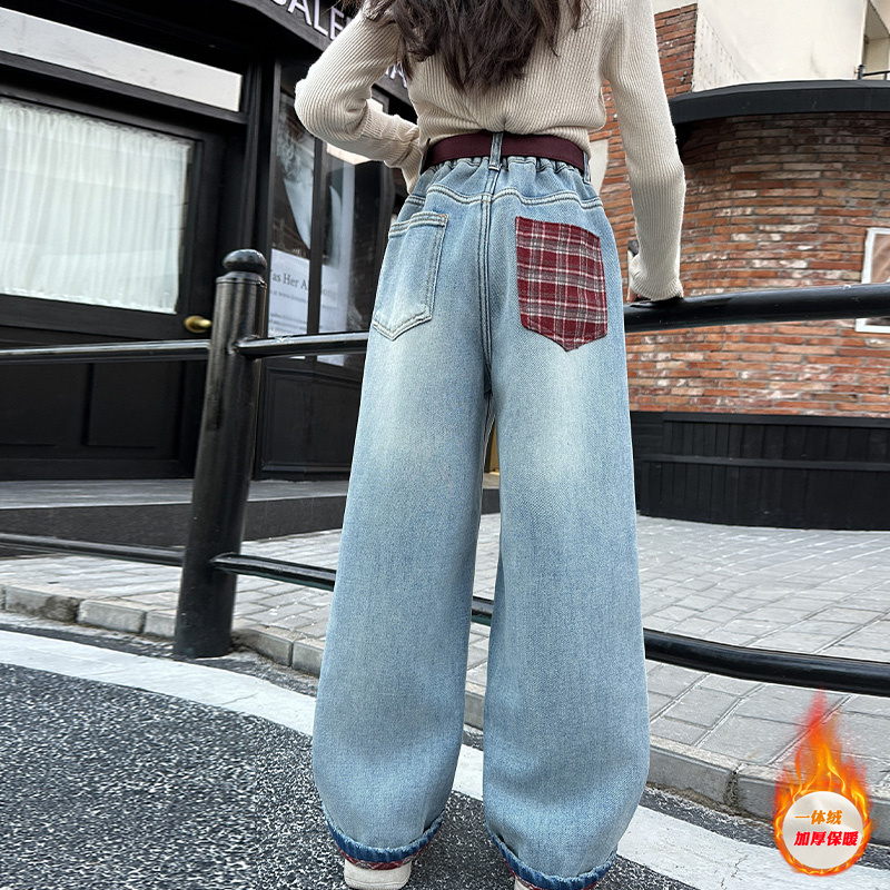 腰带款加绒牛仔裤女童秋冬款