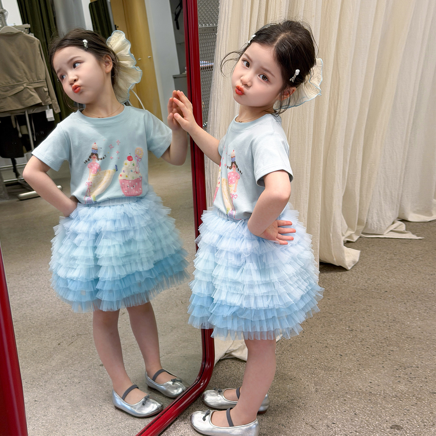 女童渐变蓬蓬半身裙小童短袖T恤套装小女孩时髦夏装tutu裙子洋气