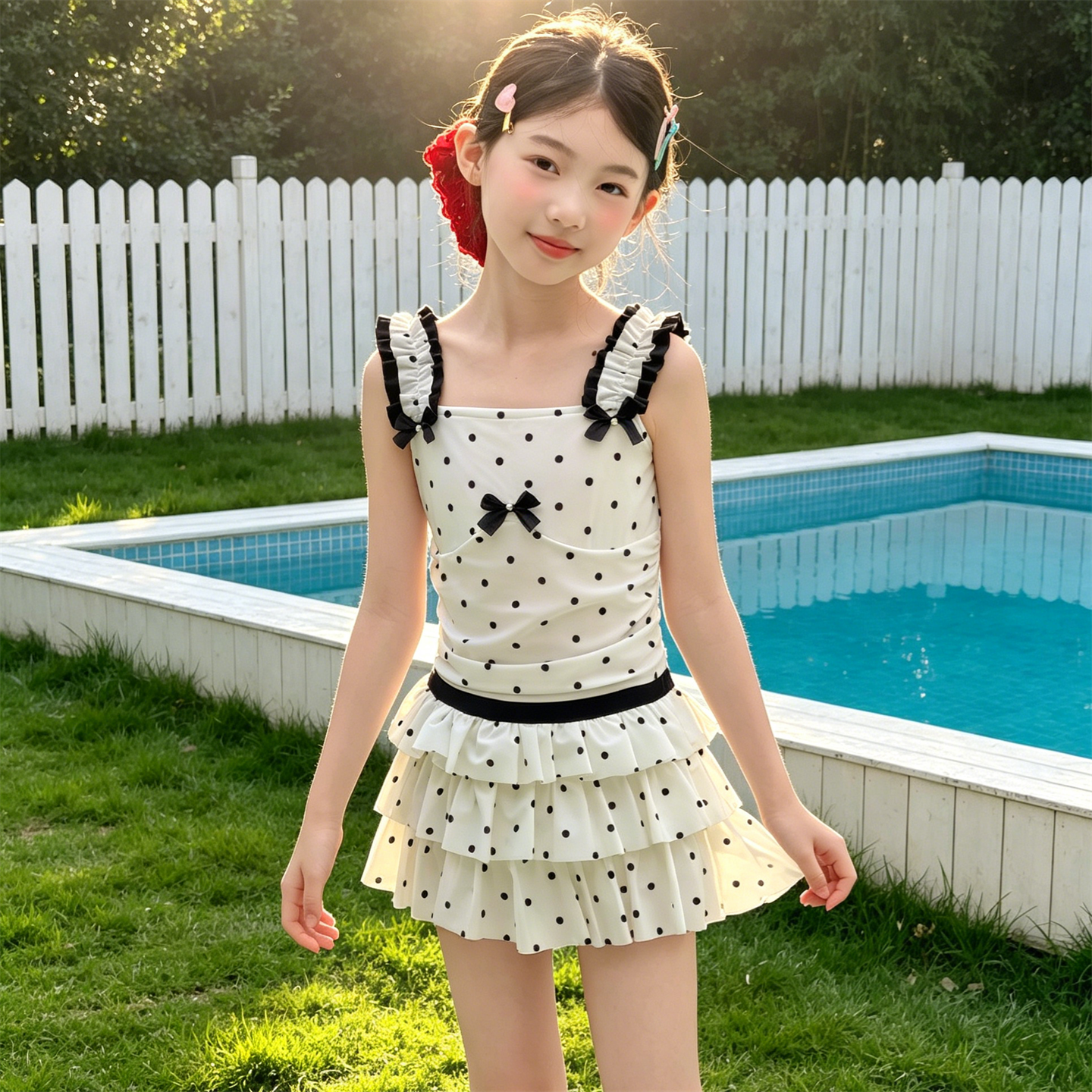 大童波点泳装裙式洋气2026新款儿童连体泳衣女童游泳泳衣裤夏装潮