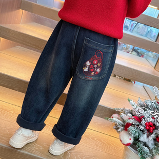 冬装 女童加绒牛仔裤 子女宝宝长裤 小女孩刺绣加厚裤 潮 外穿2025新款