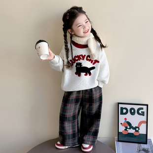 女童加绒毛巾绣卡通套装小女孩休闲两件套女宝宝运动户外加厚秋冬