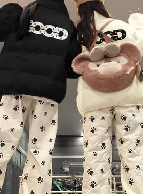 立领字母印花镂空烫钻棉服男女冬季新款美式潮牌宽松百搭保暖外套