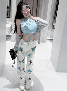 美式高街网红同款高品质十字架刺绣牛仔裤男女百搭修身直筒长裤潮