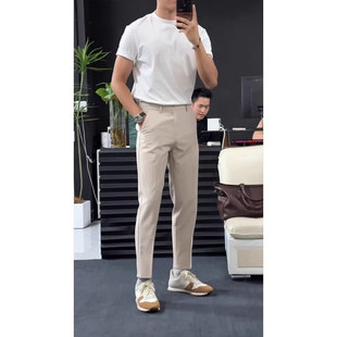 男士西裤高级感窄版修身直筒九分潮流夏季成熟稳重男装卡其色裤子