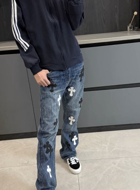 美式高街网红十字架蓝色牛仔裤男2025秋季新款宽松潮流百搭直筒裤