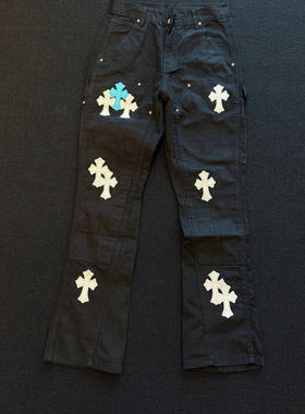 高街美式复古贴皮工装牛仔裤男女同款宽松拉链十字架网红牛仔长裤
