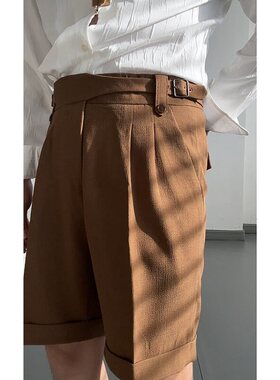 那不勒斯复古棕色质感短裤夏日透气痞帅百搭廓尔格休闲裤5分裤男