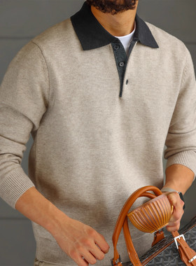 老钱风拼接撞色POLO领毛衣男士简约流行针织衫秋冬新款流行线衫