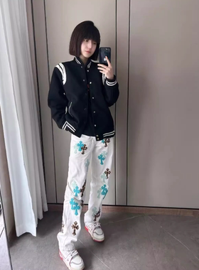 美式复古高街十字架牛仔裤男百搭宽松直筒网红痞帅潮牌休闲长裤潮