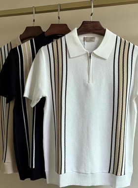 2025新品轻熟英伦风竖条纹针织短袖POLO衫男士夏季撞色休闲翻领T