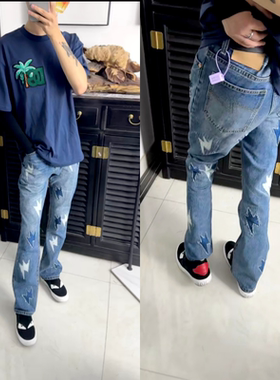 美式闪电牛仔裤男潮牌修身直筒水洗复古蓝显瘦高街垂感轻奢长裤子