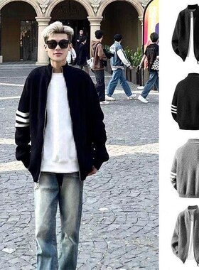 美式复古三道杠外套情侣百搭宽松设计感秋冬季毛衣网红双拉链上衣