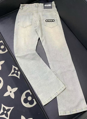 网红同款秋季爆款字母潮牌潮流刺绣牛仔裤男女修身时尚帅气长裤子