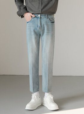 轻熟风夏季韩版修身小直筒裤男潮流INS百搭休闲小脚九分牛仔裤子