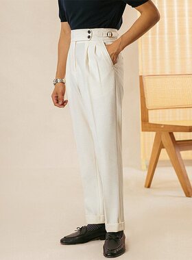 轻熟风华夫格西裤男夏季薄款双褶宽松那不勒斯裤子男休闲直筒裤男