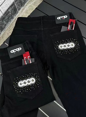 秋季新款潮流烫钻牛仔裤弹力修身小脚网红时尚爆款男女百搭长裤潮