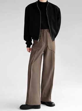 高级感立体拼接厚款西裤男宽松直筒休闲西装裤百搭毛呢长裤阔腿裤