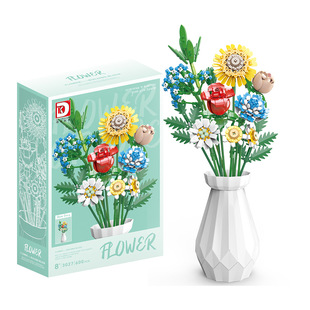 新款得客3027玫瑰花向日葵永生花带花瓶儿童益智拼装积木玩具兼容