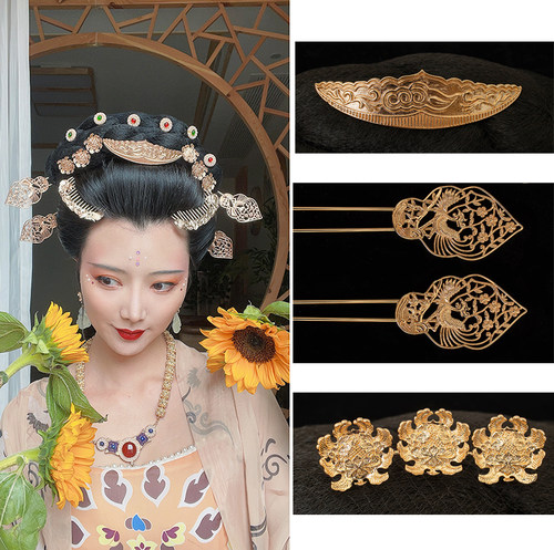 镀金供养人唐风发饰套装汉服