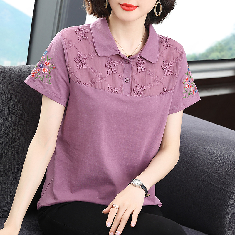 有领短袖t恤女 纯棉2025春季新款洋气减龄polo衫中年妈妈翻领上衣