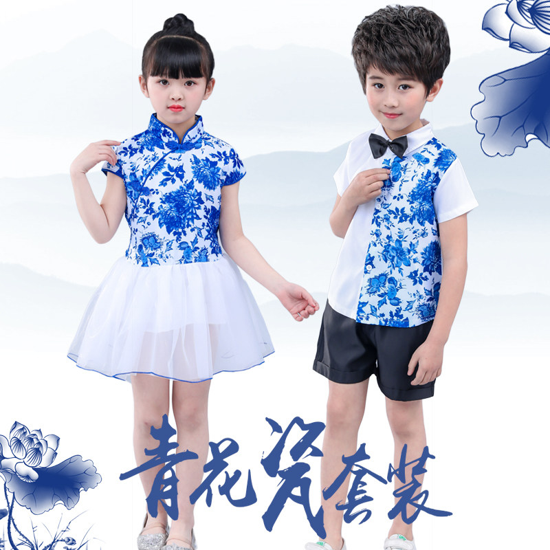 女童青花瓷连衣裙小学生幼儿园公主裙六一表演蓬蓬裙中国风演出服